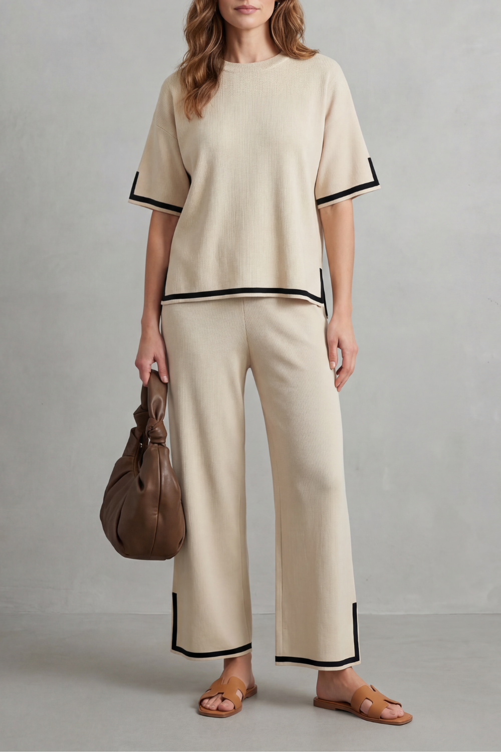 Lana contrast trim knit set with wide leg trousers