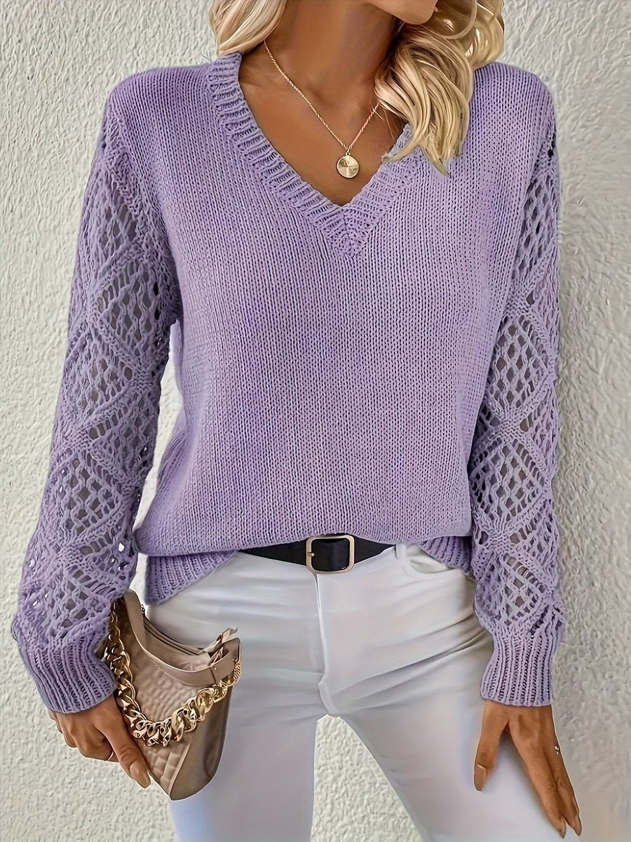 Mirjam V neck knit jumper with open knit sleeves – image 7