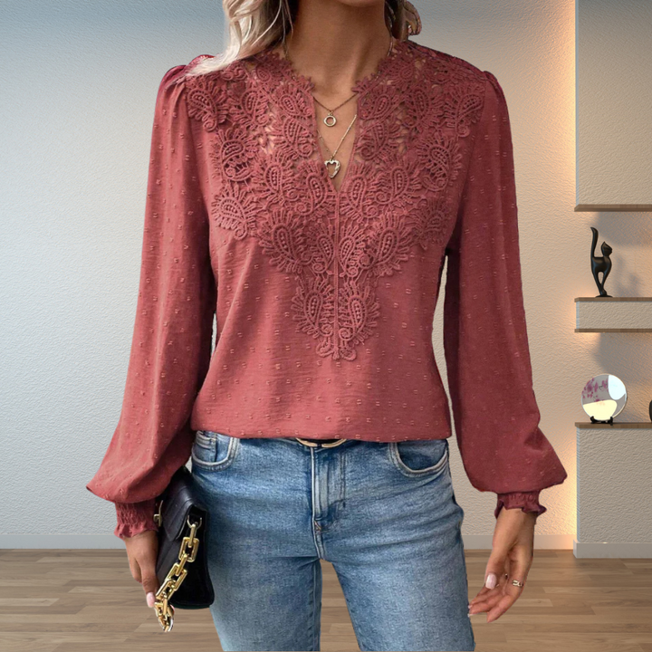 Edda lace blouse with V neck and puff sleeves – image 3