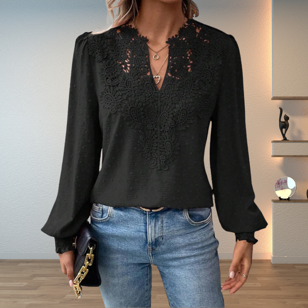 Edda lace blouse with V neck and puff sleeves – image 4