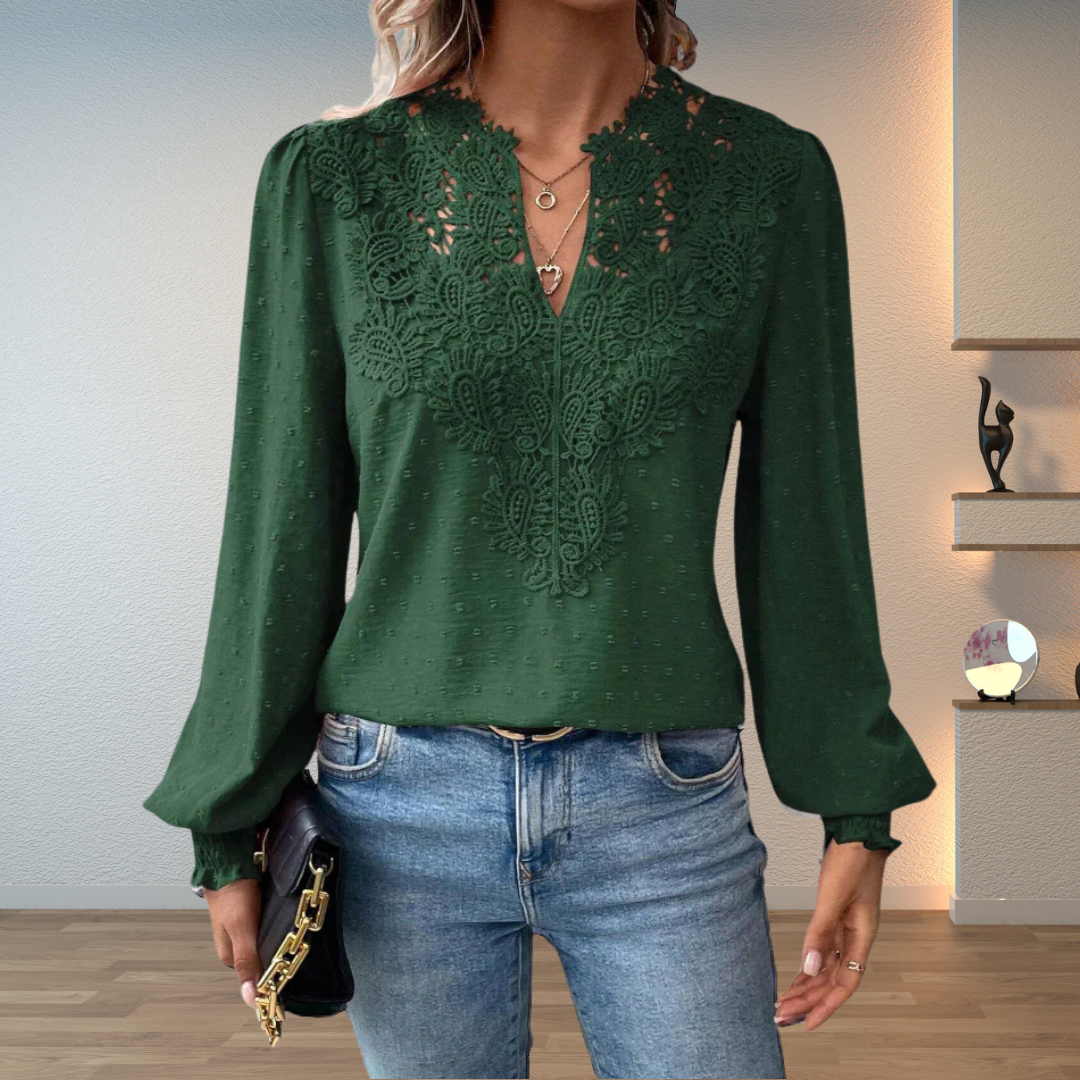 Edda lace blouse with V neck and puff sleeves – image 5