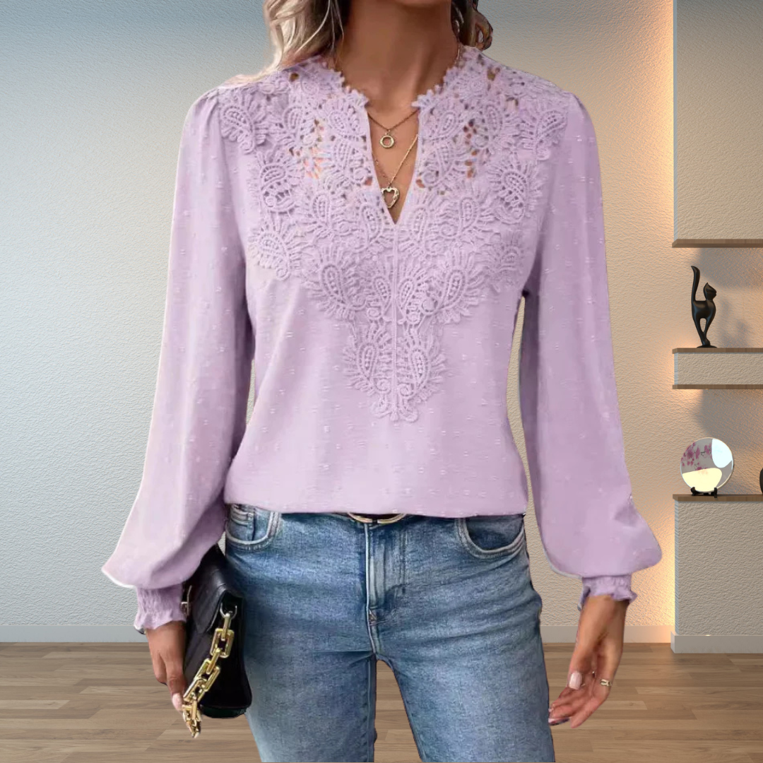 Edda lace blouse with V neck and puff sleeves – image 6