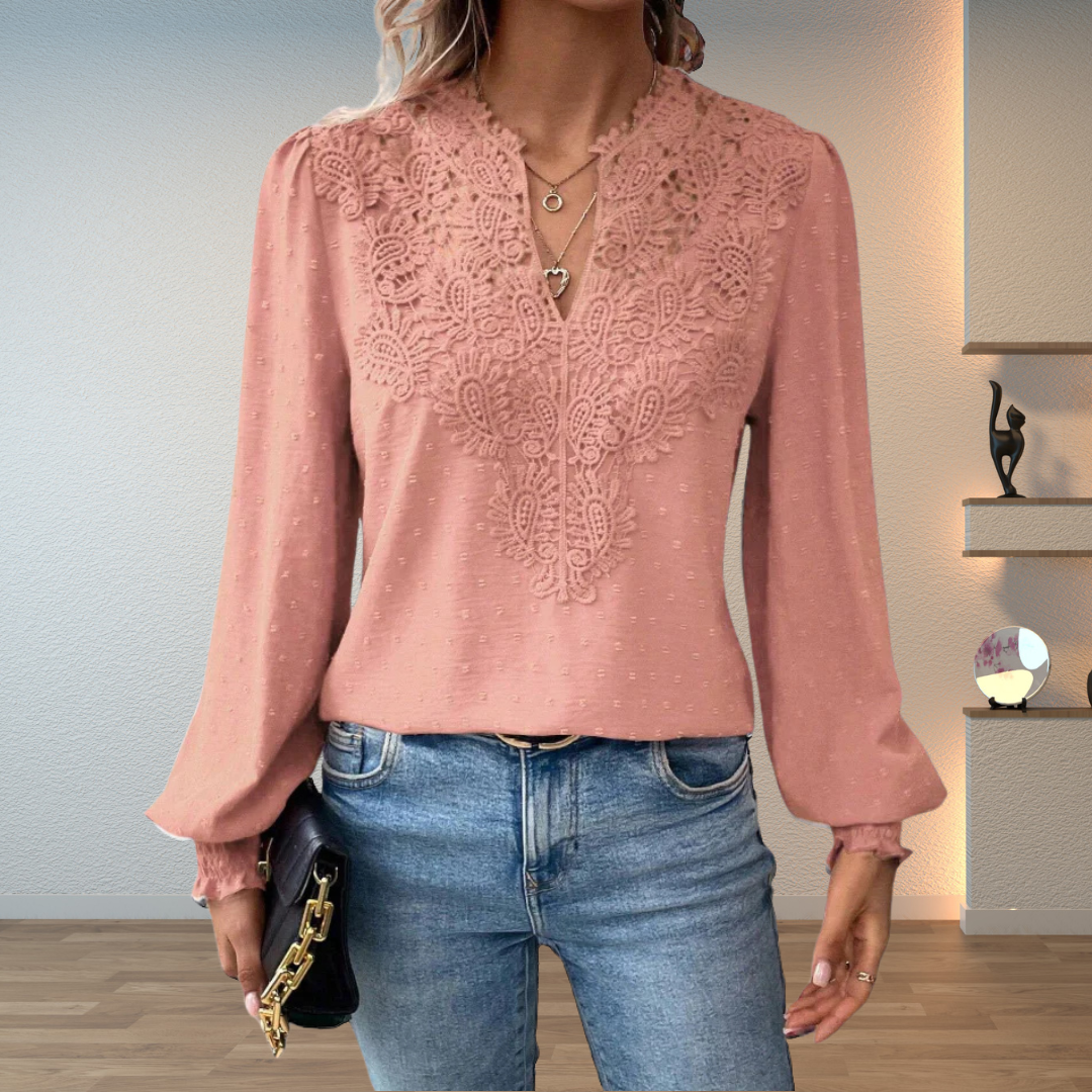 Edda lace blouse with V neck and puff sleeves – image 7