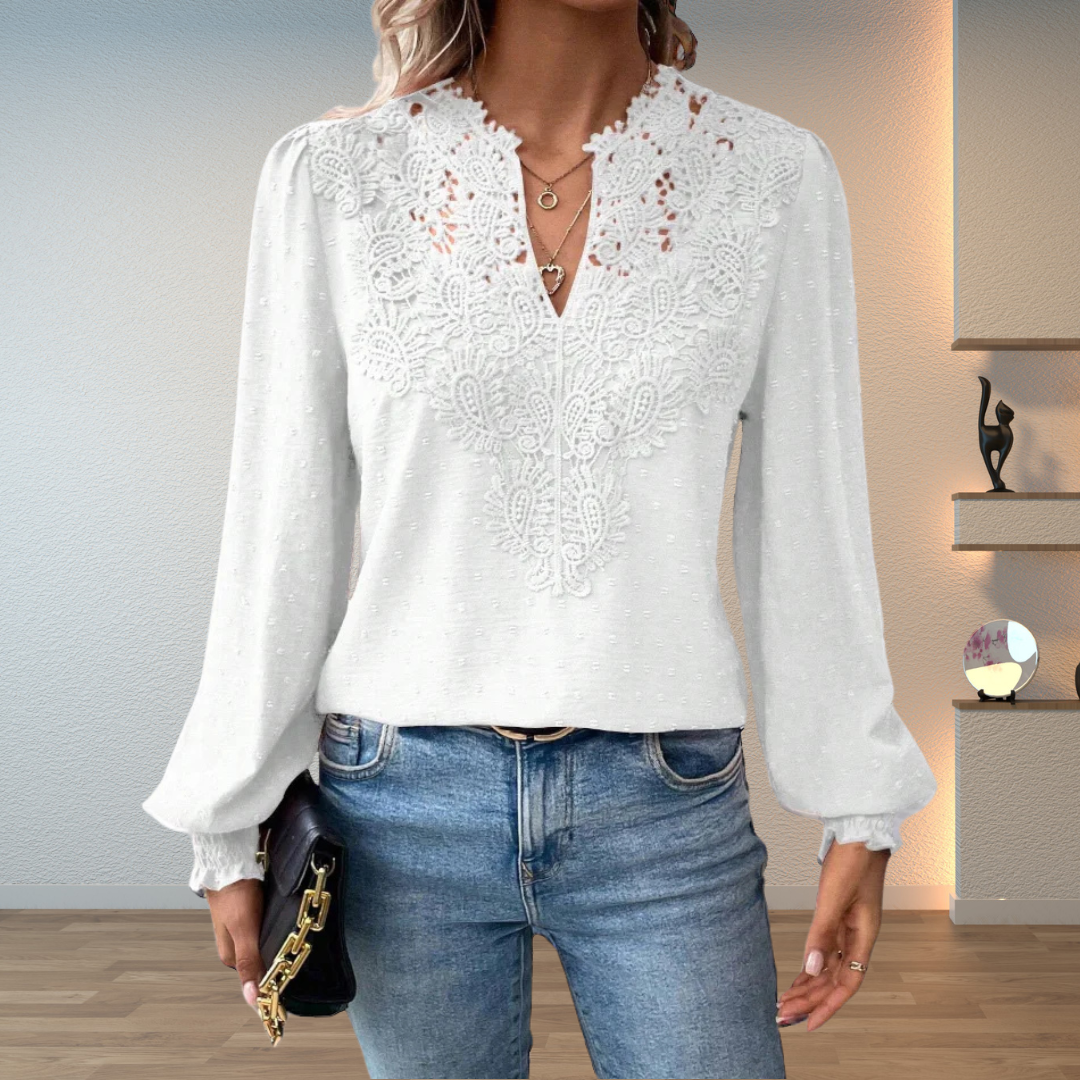 Edda lace blouse with V neck and puff sleeves – image 8