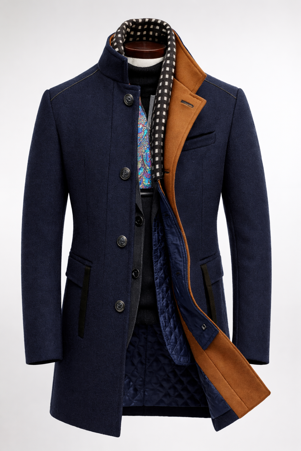 Araminta contrast trim stand collar coat