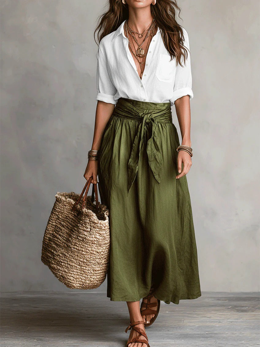 Bonnie blouse and midi skirt set with tie belt – image 2
