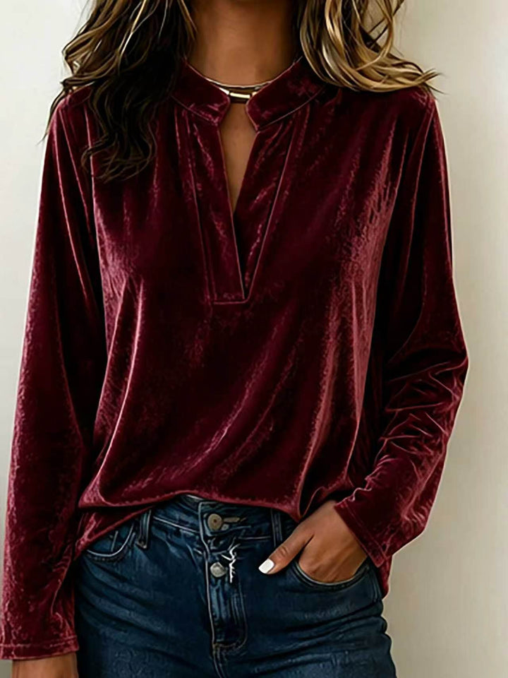 Ornella velvet v neck blouse with stand collar – image 12