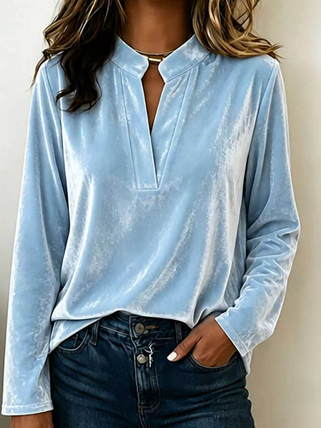 Ornella velvet v neck blouse with stand collar – image 13