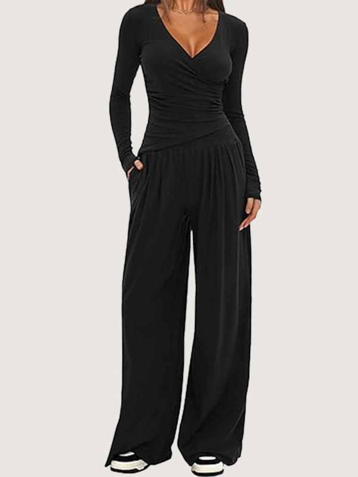 Josiane asymmetric wrap top and wide leg trouser set