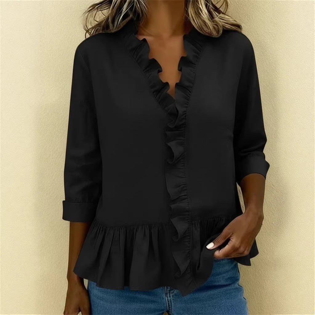 Ludovica ruffle neck blouse with three quarter sleeves – image 3