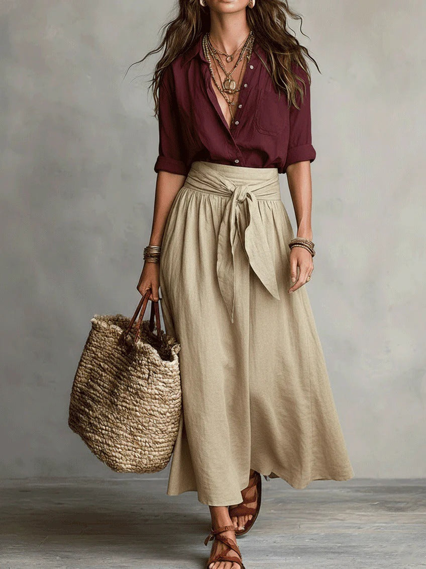 Bonnie blouse and midi skirt set with tie belt – image 4