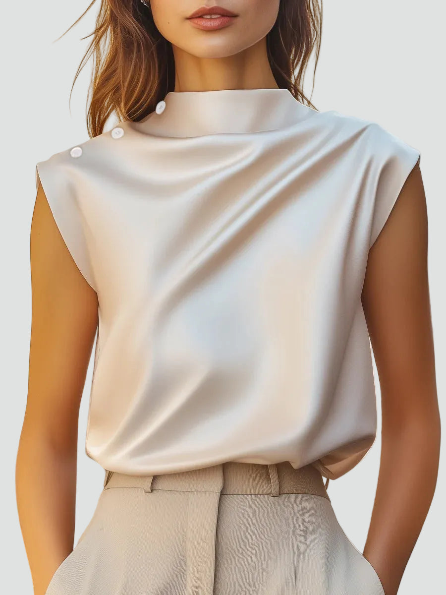 Philippa champagne satin blouse, side view