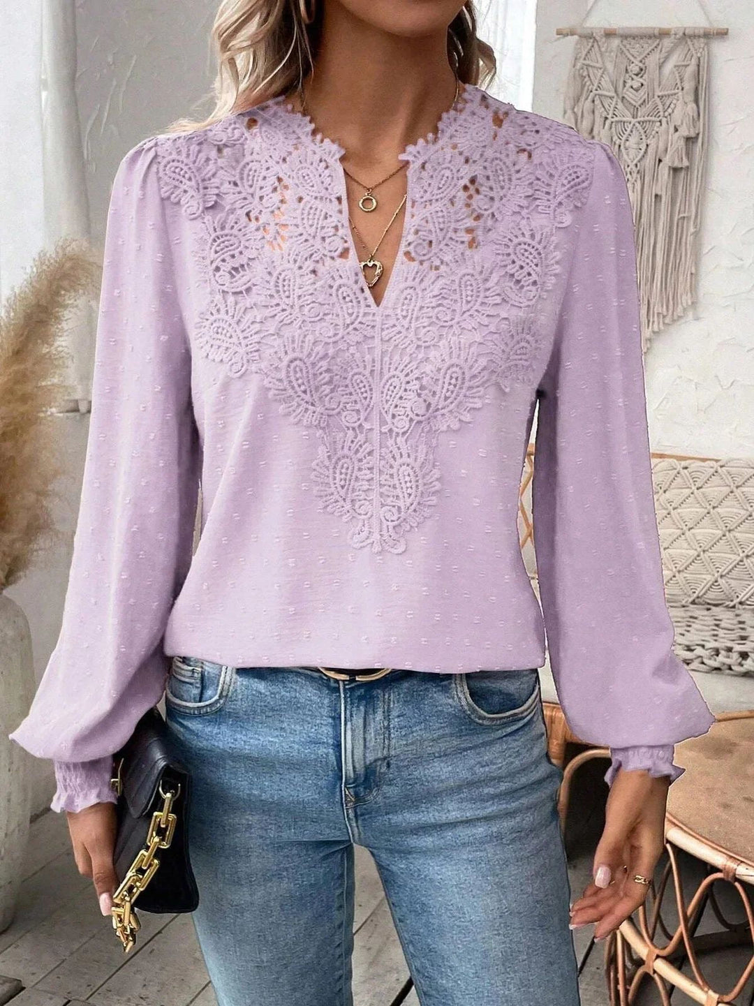 Leticia lace trim V neck textured blouse – image 8
