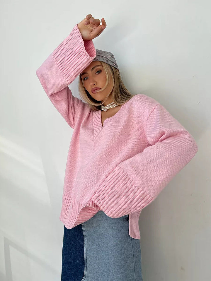Aurora oversized fine knit V neck jumper – image 8
