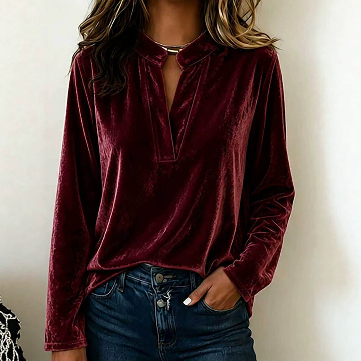 Ornella velvet v neck blouse with stand collar – image 3