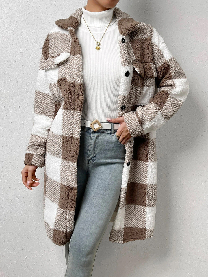 Klara long check coat, weave detail