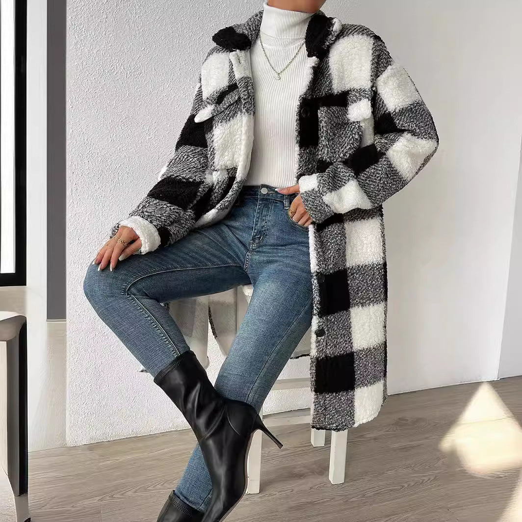 Klara long coat in pink and white check