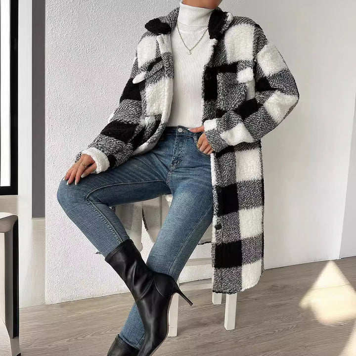 Klara long coat in pink and white check
