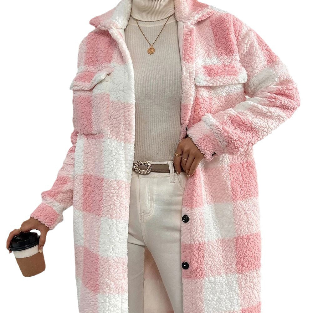 Klara long coat in apricot and white check
