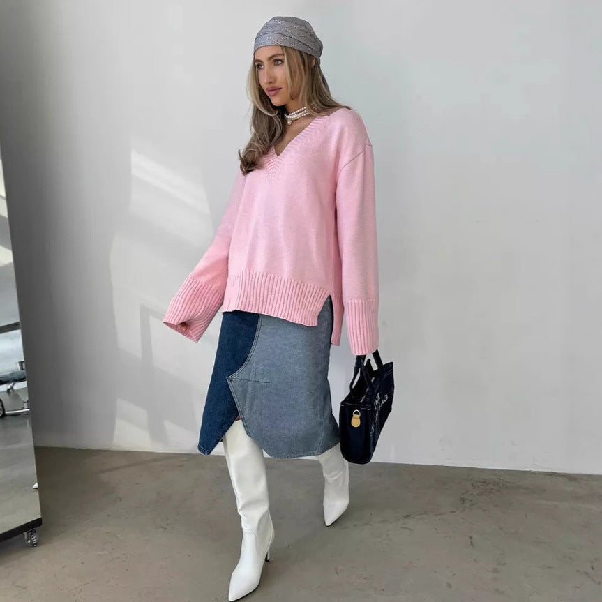 Aurora oversized fine knit V neck jumper – image 3