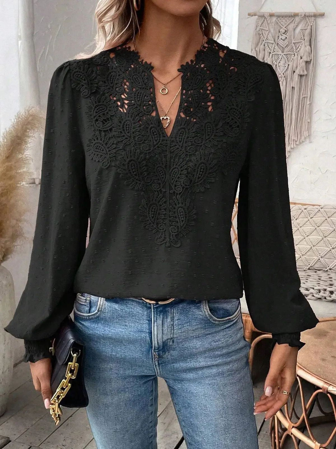 Leticia lace trim V neck textured blouse – image 7