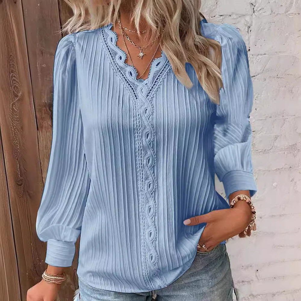 Nova pleated lace trim blouse with puff sleeves – image 2