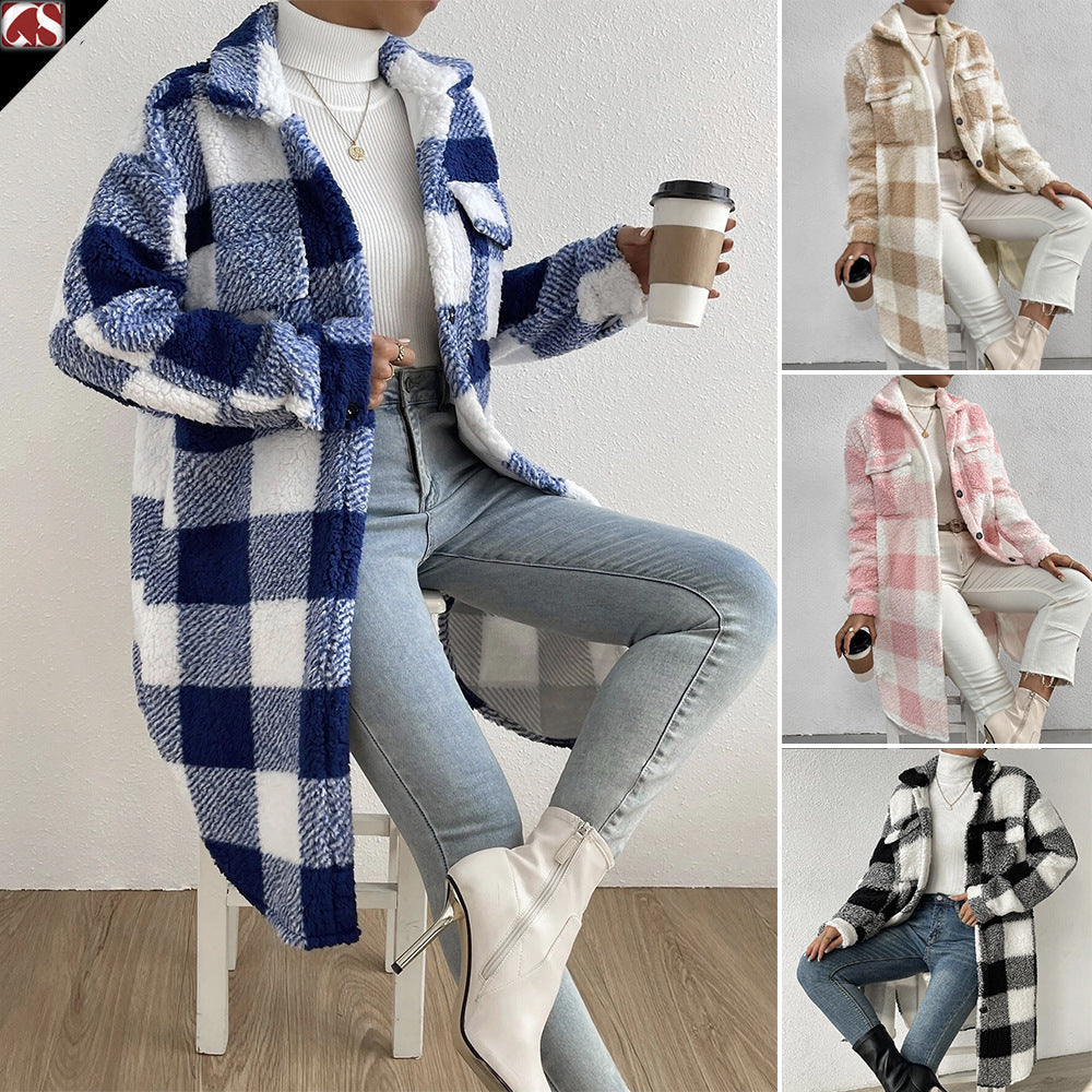 Klara long check coat with pockets