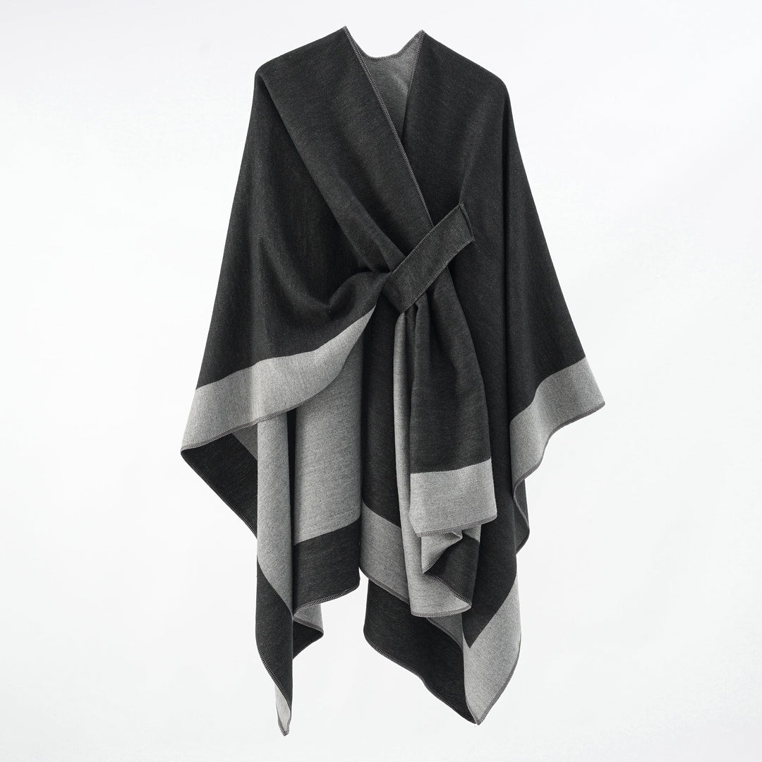Rosella belted knit poncho with contrast trim