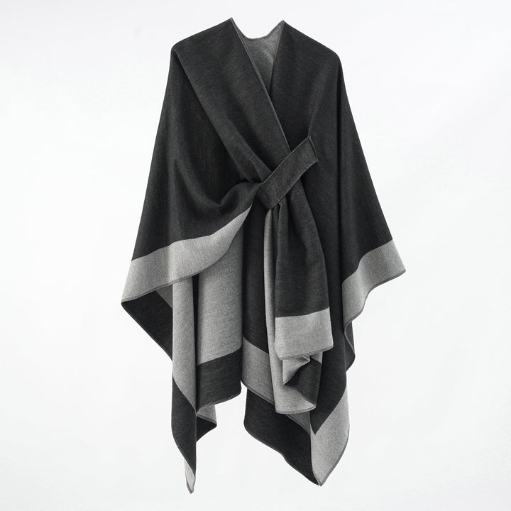 Rosella belted knit poncho with contrast trim