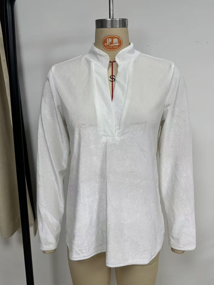 Ornella velvet v neck blouse with stand collar – image 9