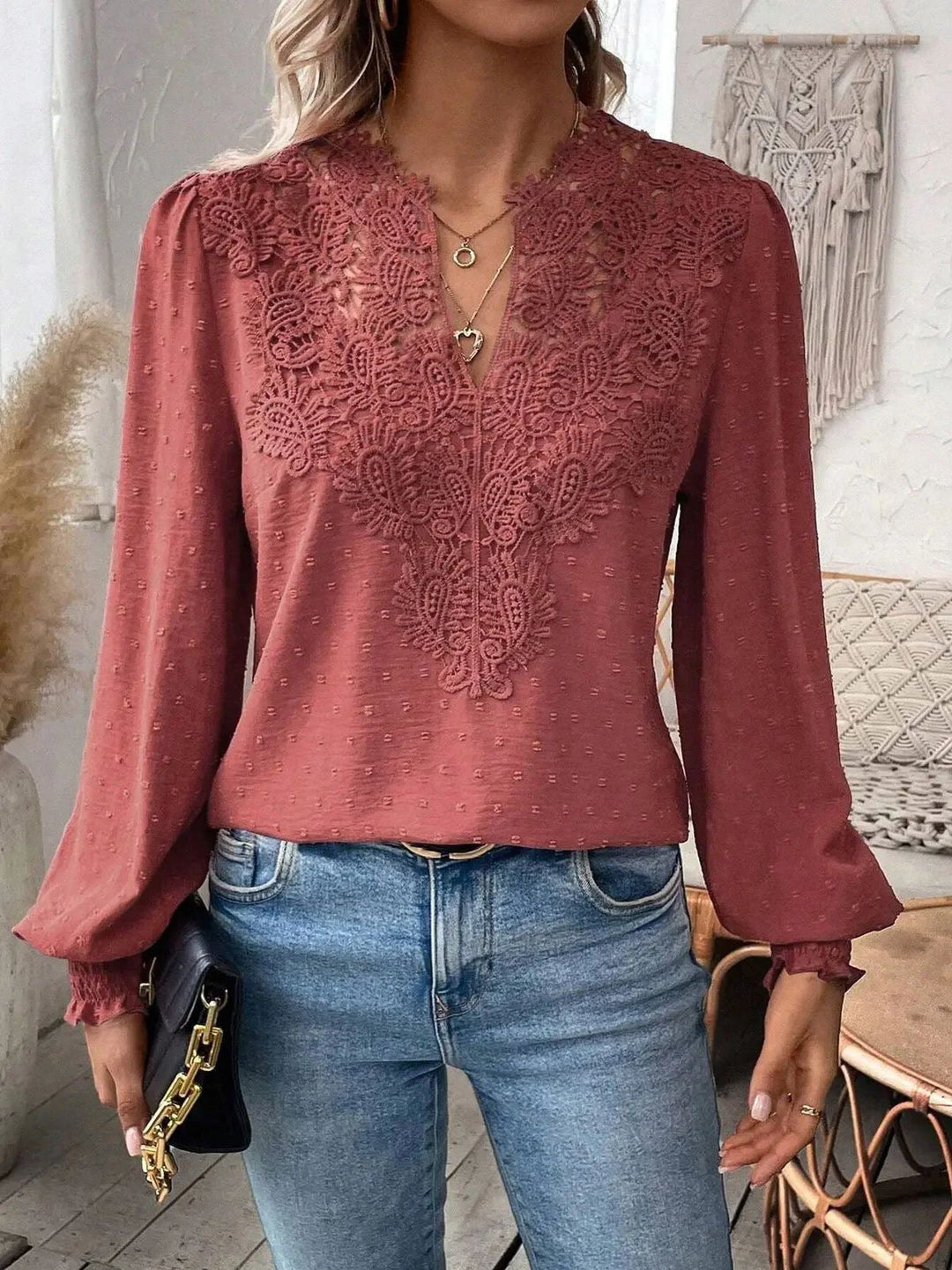 Leticia lace trim V neck textured blouse – image 9