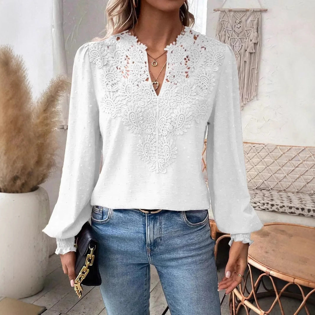 Leticia lace trim V neck textured blouse