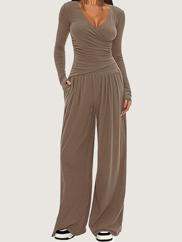 Josiane asymmetric wrap top and wide leg trouser set – image 2