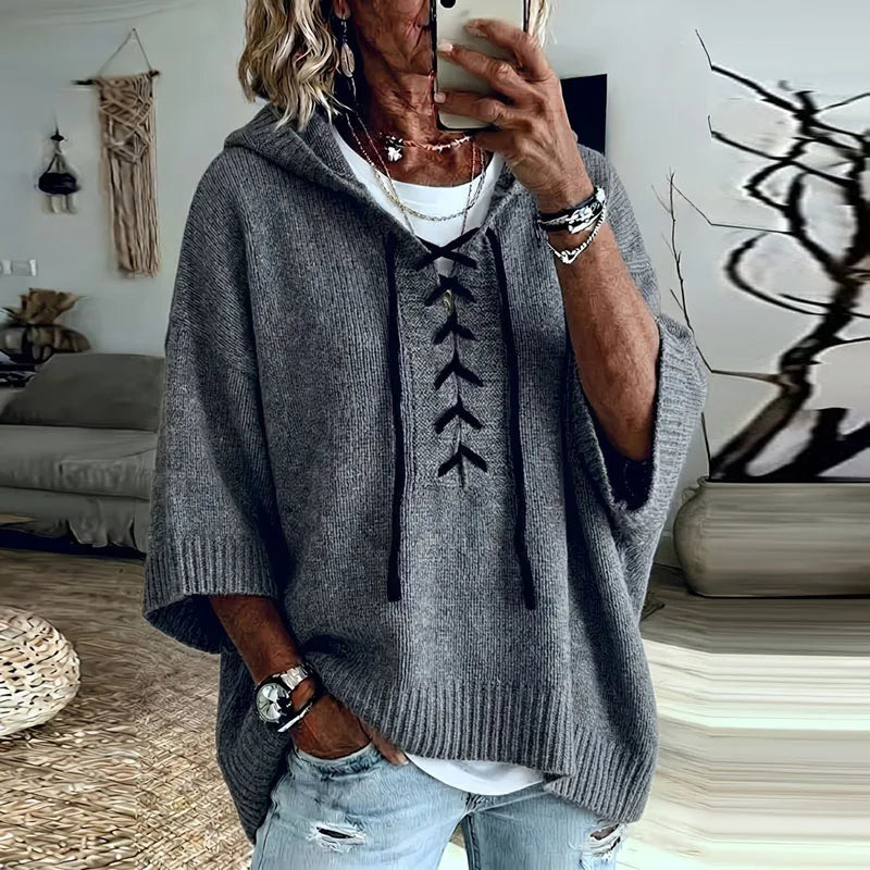 Torild oversized hooded knit jumper with lace up neck – image 2