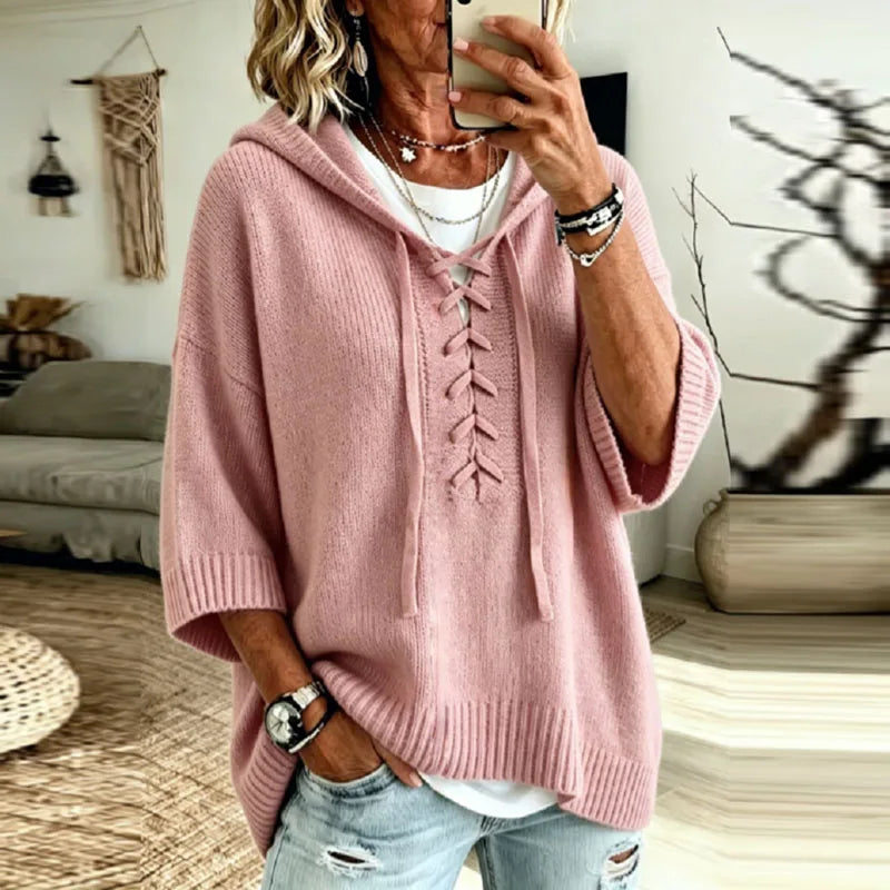 Torild oversized hooded knit jumper with lace up neck
