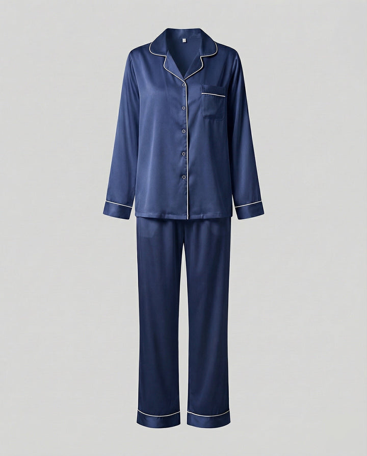 Primrose satin pyjama set with contrast piping – image 7