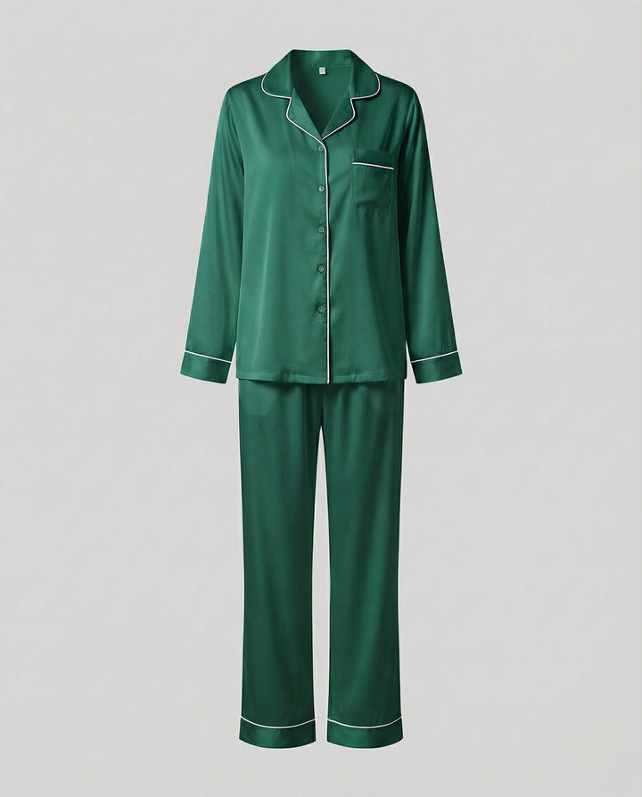 Primrose satin pyjama set with contrast piping – image 12