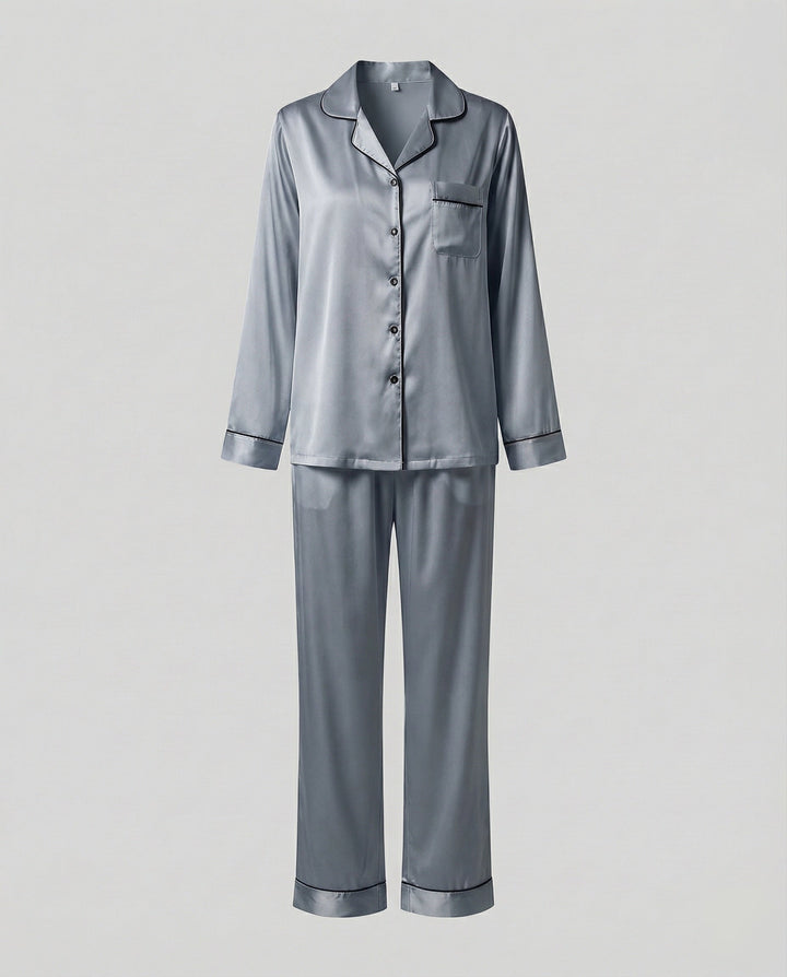 Primrose satin pyjama set with contrast piping – image 6