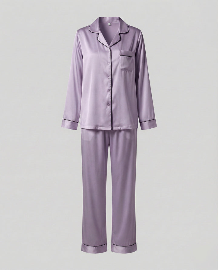 Primrose satin pyjama set with contrast piping – image 9