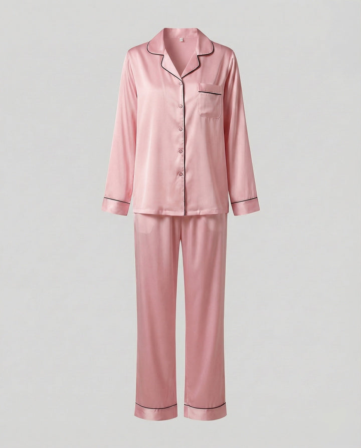 Primrose satin pyjama set with contrast piping – image 8