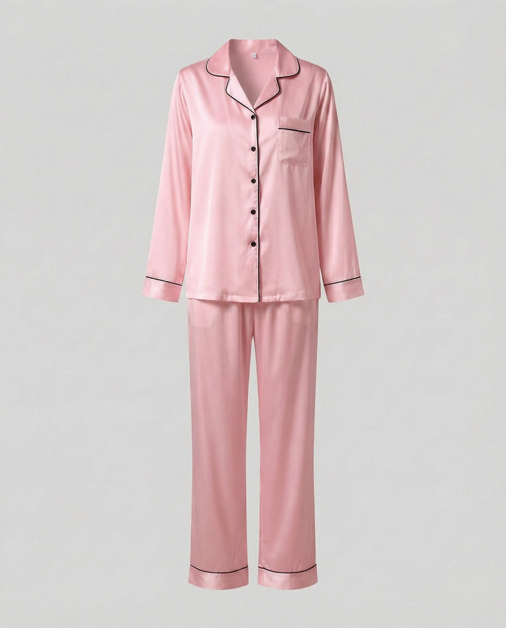 Primrose satin pyjama set with contrast piping – image 10