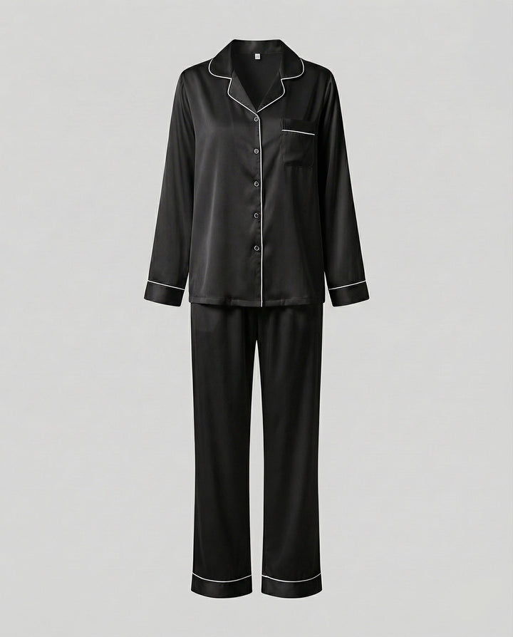 Primrose satin pyjama set with contrast piping – image 5