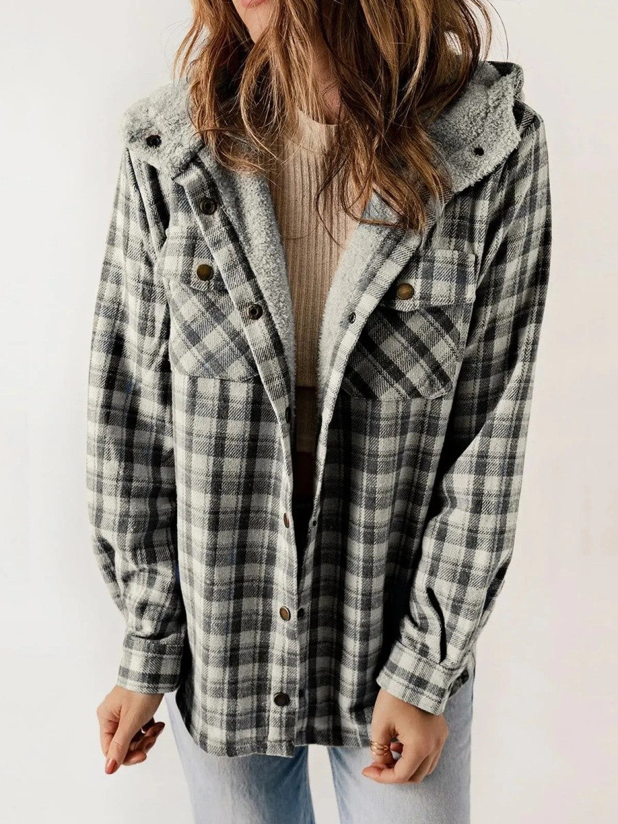 Fenella check flannel shacket with sherpa hood – image 2