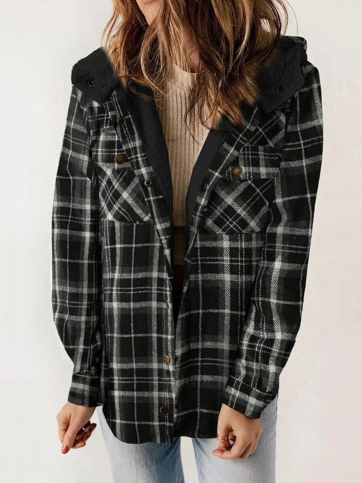 Fenella check flannel shacket with sherpa hood – image 3