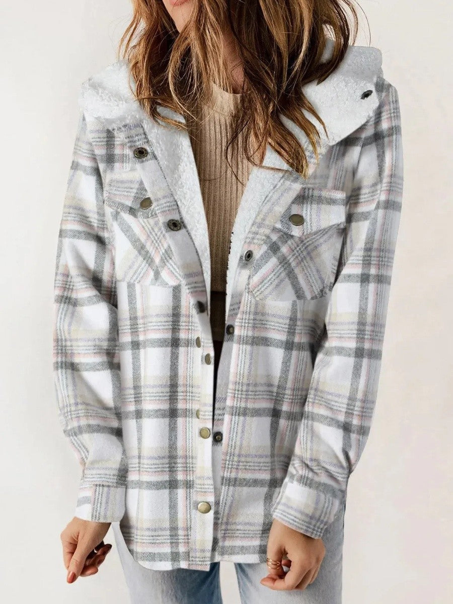 Fenella check flannel shacket with sherpa hood – image 5