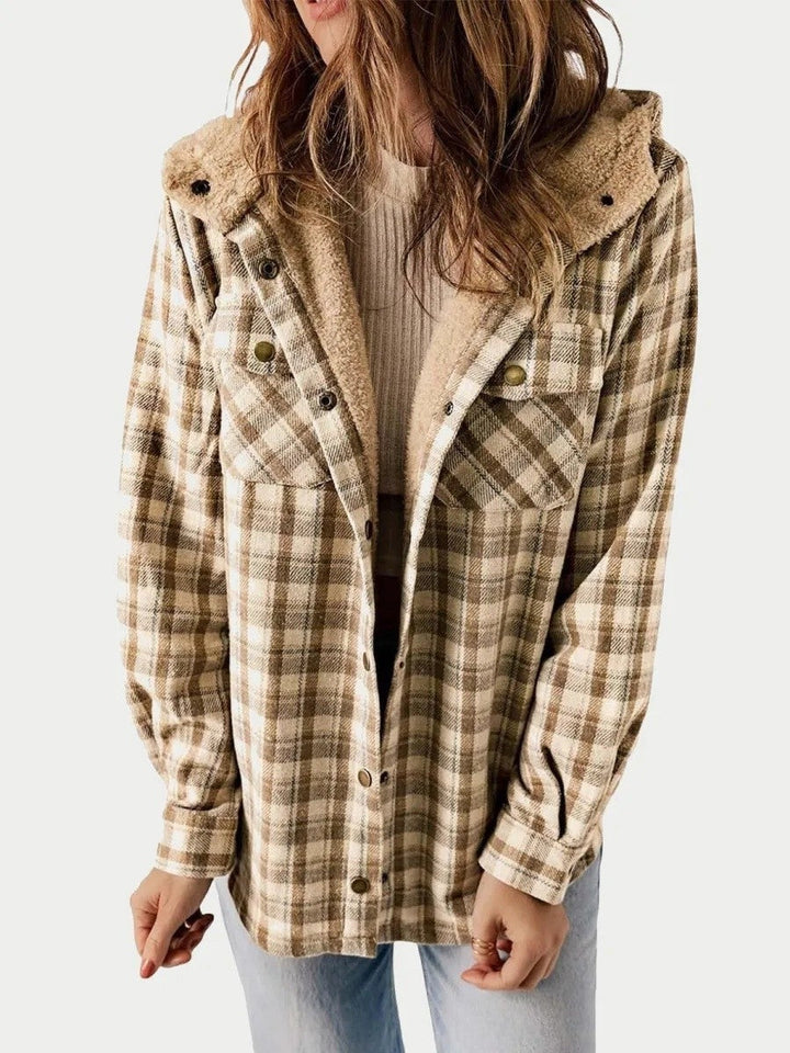 Fenella check flannel shacket with sherpa hood