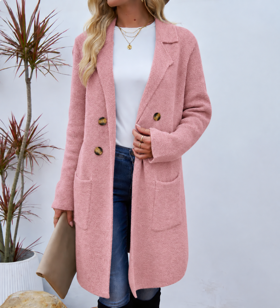 Lavinia relaxed knit coat with gold buttons – image 2