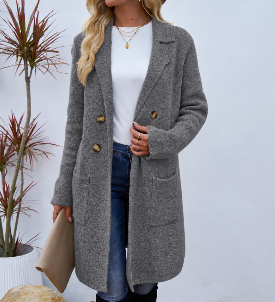 Lavinia relaxed knit coat with gold buttons – image 3