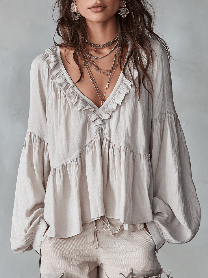 Una Elegant Tiered Ruffle Blouse with Puff Sleeves