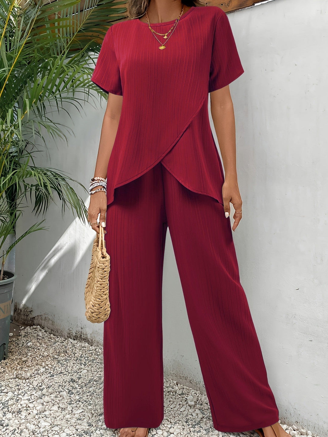 Saga ribbed wrap top and wide leg trouser set – image 4